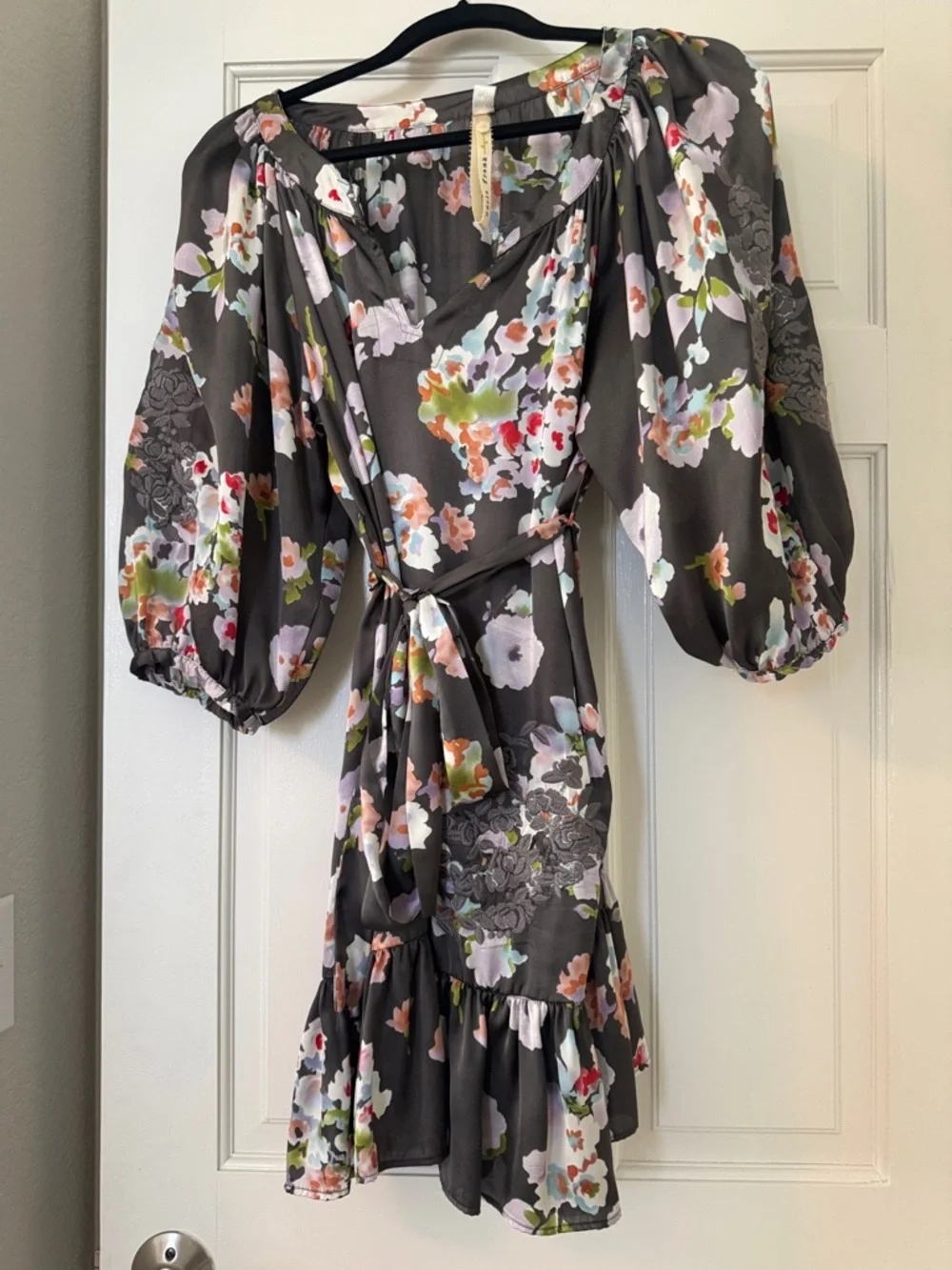 Uncle Frank Charcoal Gray Floral Puff-Sleeve Wrap Mini Dress - Picture 1 of 3